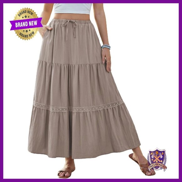 Dresses & Skirts - Boho Lace Trim Maxi Skirt with Pockets, Tiered Swing A-Line